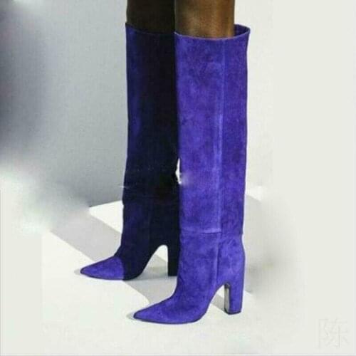 Womens Suede Leather Stretchy Knee High Heels Boots Thigh Pointy Toe Shoes Western Luxury Plus Size Side Zip 3Colors New