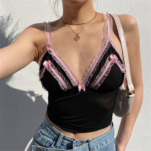 Spring Summer Women Fashion Casual Sexy Mesh Ruffle Camisole V Neck Lace Backless Pullover Tank Sleeveless Knit Crop Tops Black