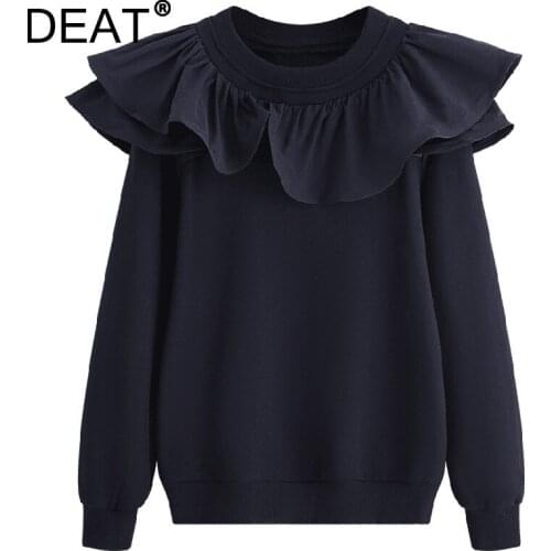 [DEAT] Women Pullovers Loose Ruffles Round Neck Long Sleeve Solid Color Casual Sweatshirt Autumn 2021 New Fashion Tide 13Z1655