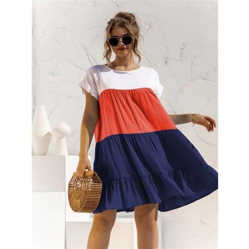 Summer Short Sleeve Spliced Plus Size Dresses Women Loose Party O-Neck Patchwork Party Vestidos Fashion Oversized Beach Dresses