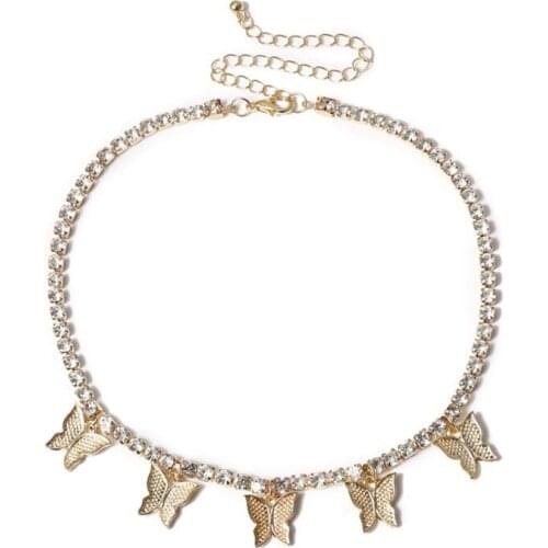 667E Flying Butterfly Pendant Necklace Women Shiny Crystal Butterfly Choker Fully Diamond Statement Necklace Fashion Jewelry
