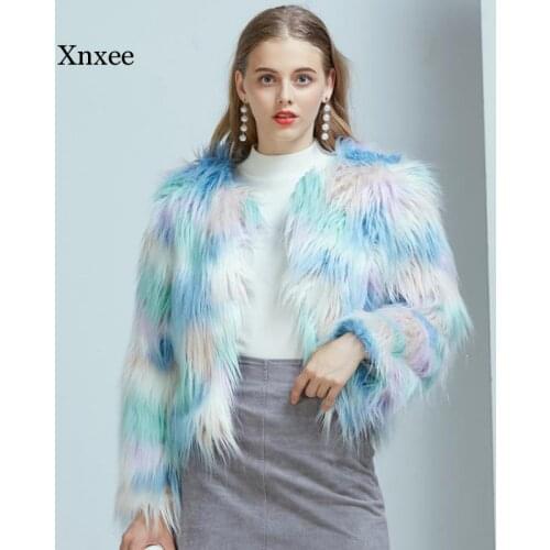 Winter Blue Macaron Multicolor Women Imitation Fur Short Coat Loose Casual Long Sleeve Imitation Thicken Imitation Fur Overcoat
