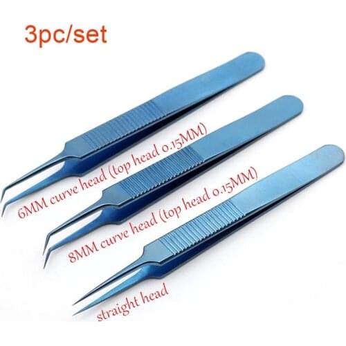 3pcs 11.5Cm 6MM/8MM curve head/straight head (top head 0.15MM) Titanium alloy microsurgical instruments Hair transplant forceps