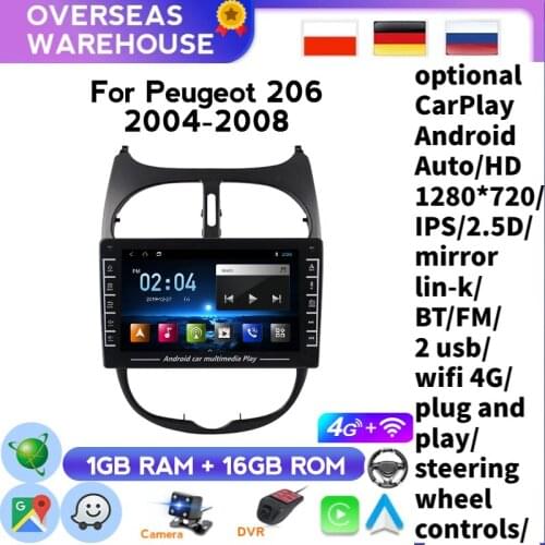 2din android 8.1 For Peugeot 206 2000 -2016 Car Radio Multimedia Video Player Navigation GPS 2 din player WITH wifi 1G + 16G IPS