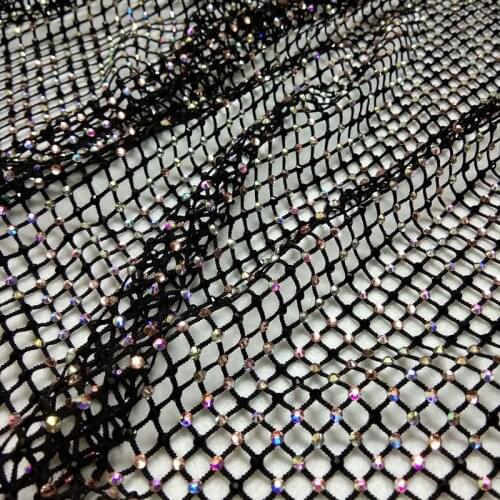 Newly Bling Bling Chunky Glitter AB Rhinestone Stretch Mesh Fabric Elastic Sequin Fabric Dress Cloth Home Decoration 40x30cm