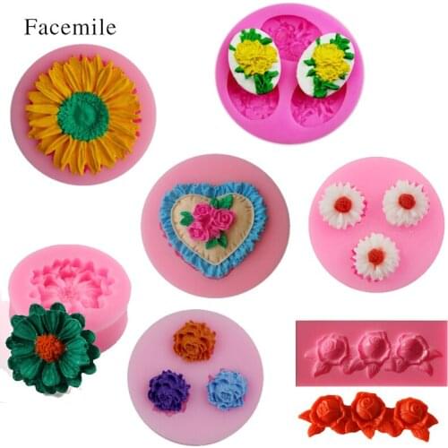 Facemile 7PC Rose Sunlower Silicone Mold Fondant Cake Candy Cupcake Chocolate Pastry Baking Tool Flower Mould Wedding Decoration