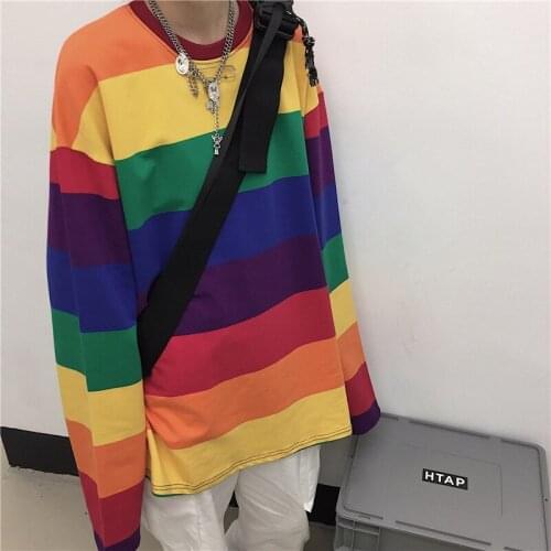Colorful Striped T Shirt Oversized Rainbow Streetwear Tops Spring Pullovers Summer Harajuku Clothes Women Hip Hop Loose T-shirts