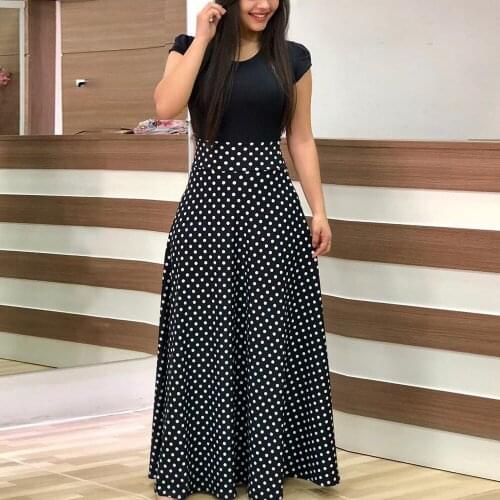 Summer Women Polka Dot Print Patchwork Long Dress Casual Short Sleeve O-Neck High Waist Robe Boho Beach Maxi Sundress Plus Size