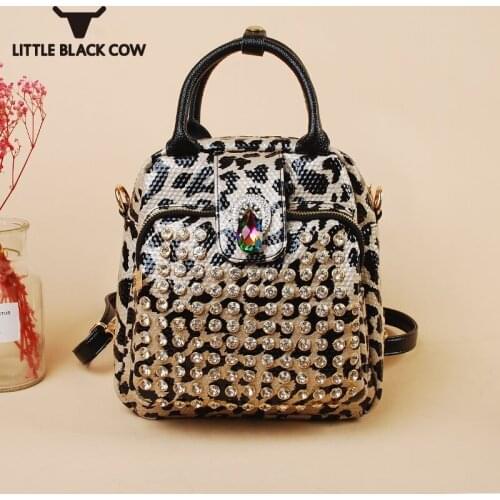 Diamond Crystal Fashion Backpack Female Brand Pu Leather Leopard Travel Laptop Backpack Multicolors Backpacks Adolescent Girls