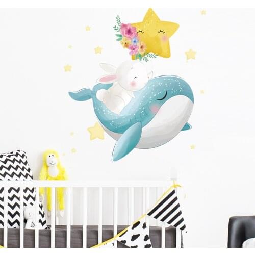 Cartoon Whale Wall Stickers for Kids rooms Wall Decor Cute White Rabbit Wall Decals for Baby room Home Decoration Art DIY Murals
