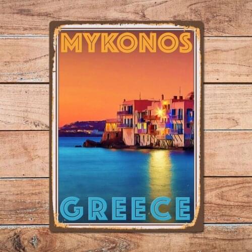 Mykonos Greece Metal Tin Sign Metal Sign Home Room Wall Decor Retro Vintage Style Travel Poster Bar/Pub/Man Cave