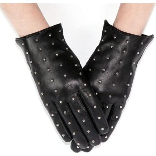 Fashion Beaded Black Mittens Women Soft Sheepskin Gloves Warm Winter Gloves