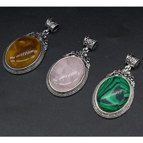 Natural stone Pendant Lace Vintage Metal Alloy Oval Exquisite charms For jewelry making DIY Necklace accessories 38x70mm