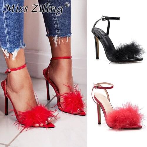 Women Sandals Thin High Heels Sandals Chaussures Femme Pointed Toe Flock 11.5CM Buckle Strap Butterfly-knot women shoes black