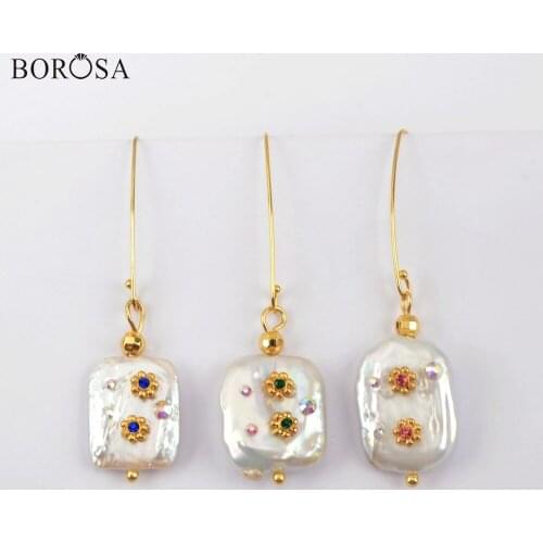 BOROSA 5Pairs Gold Plating Natural White Pearl Dangle Earrings Trendy Freshwater Pearl Drop Earring Jewelry for Women WX1276-E