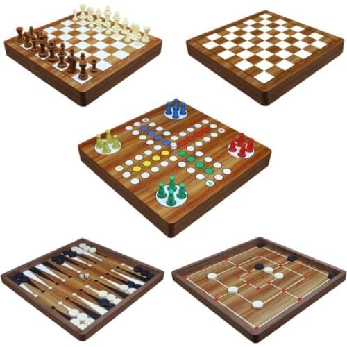 5 in 1 Chess Set Wooden Chess Backgammon Checkers Indoor Travel Chess Wooden Folding Chessboard Chess Pieces Chessman 33x33 Cm