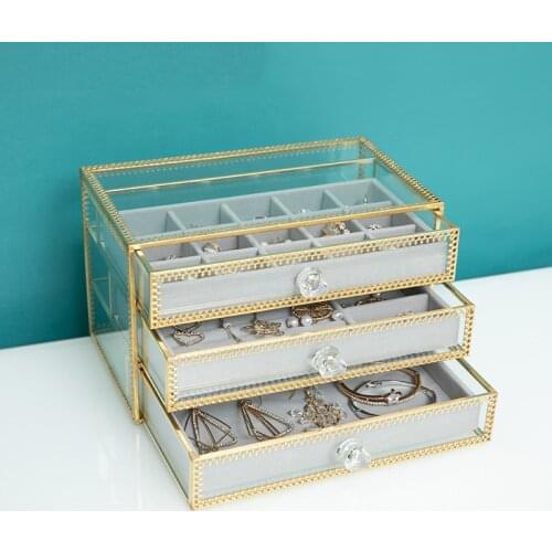 Style retro glass jewelry storage box table top three layer Necklace Earring Jewelry dustproof Jewelry Box Multi grid flannel