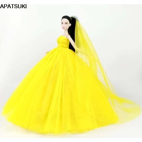 Yellow Doll Dress For Barbie Doll Clothes High Quality Long Tail Evening Gown Wedding Dresses +Veil 1/6 Doll Accessories