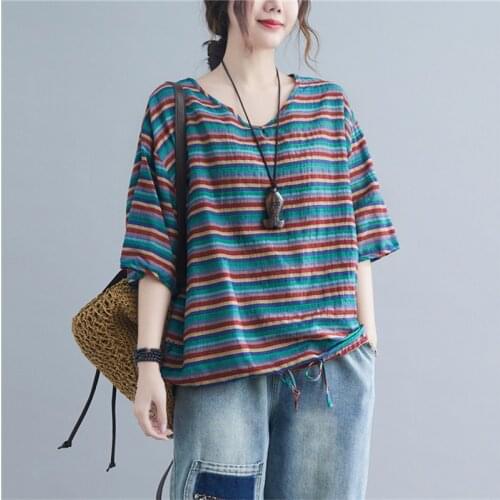 Linen Cotton Striped T-Shirt Women Personalize Color Contrast Casual All-Match Office Ladies Loose V-Neck Half Sleeve Tees Tops