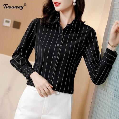 Blouses Women 2021 Long Sleeve Striped Shirt Turn Down Collar Lady Office Shirt Autumn Blouse Top Blusas Mujer Plus Size