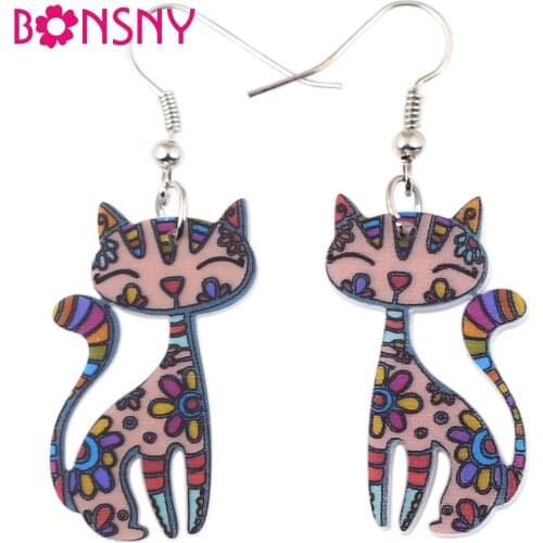 Bonsny Acrylic Cartoon Floral Smile Cat Kitten Earrings Big Long Fashion Animal Jewelry For Women Girls Teens Trendy Accessories