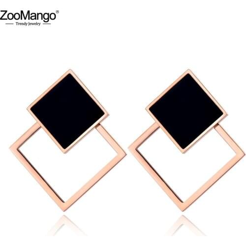 ZooMango Trendy Titanium Stainless Steel Black Acrylic Double Square Stud Earrings OL Style Geometric Jewelry For Women ZE19077