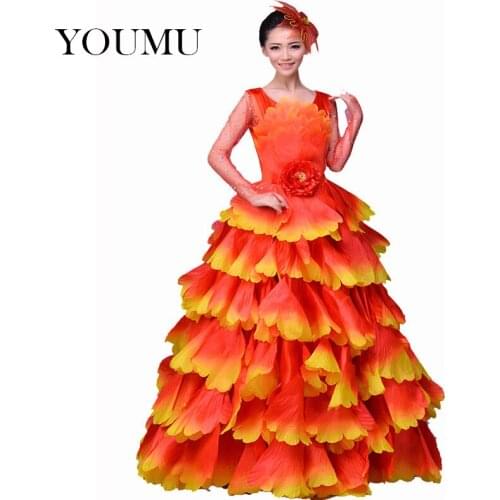 Women New Fashion Petal Modern Dance Dress Waltz Cha-cha Floral O-Neck Appliques Floor-Length Performances Dress 803-368