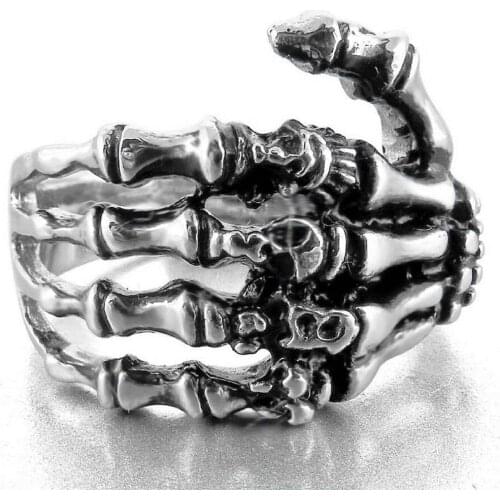 Fashion Unisex Skull Stainless Steel Ring Mens Ring Jewelry Hand Bone Punk Rock Skeleton Ring