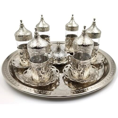 Handmade authentic Design Turkish Greek Arabic Coffee Espresso Set for 6 Service, Cups Saucers Lids Tray Delight Candy Dish GIFT