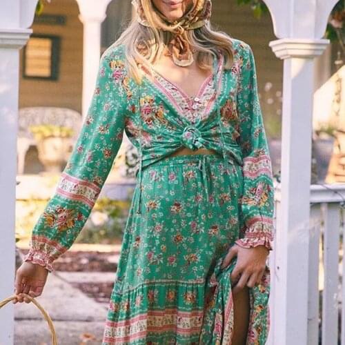 Foridol Floral Print Bohemian Blouse Shirts Women Button Up Sash Casual Long Sleeve Blouse Tops Green Beach Tops 2021 Spring