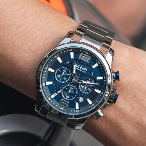 MEGIR Luxury Watches Men Top Brand Stainless Steel Waterproof Luminous Wristwatch Blue Sports Chronograph Quartz Watch Man 2156