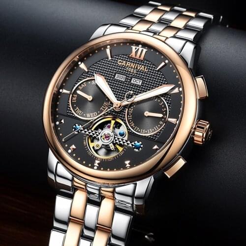 Perpetual Calendar New Men Watch CARNIVAL Brand Luxury Tourbillon Stainless Steel Watches Men Automatic Mechanical Sport Watch