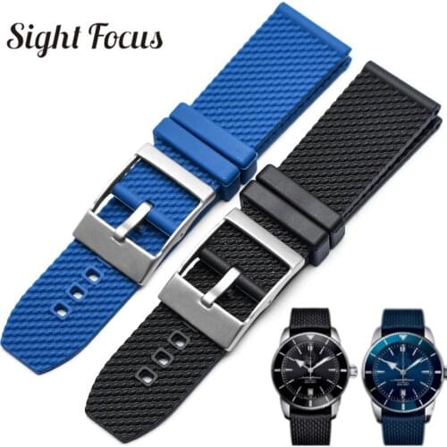 24mm Black Rubber Watch Band for Breitling Superocean Heritage AB201012 Navitimer Avenger Rubber Watch Straps Dive Bracelet Uhr