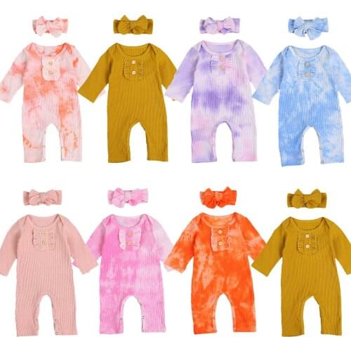 Babys Solid and Tie Dyed Print One-piece Romper Long Sleeve Round Neck Ruffles Jumpsuit Cute Baby Girl Clothes