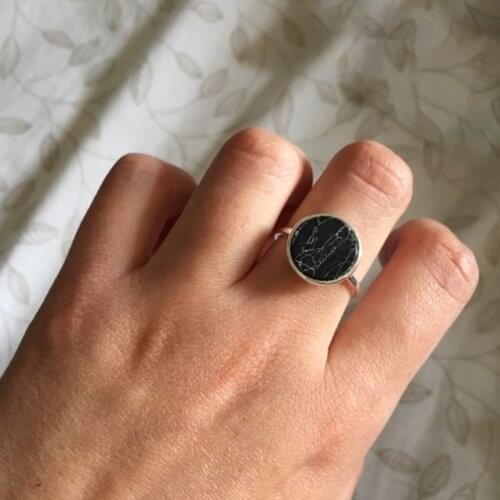 Hfarich Wihte Black Faux Marble Stone Ring Women Double Layer Anillos Mujer Punk Round Geometry Adjustable Finger Ring