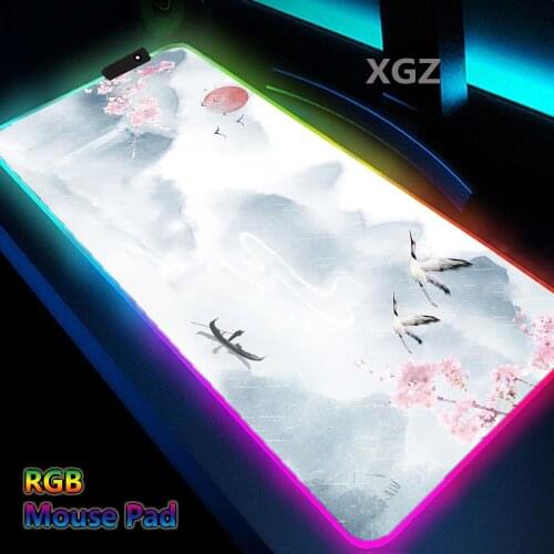 Landscape Ink Painting Flower Branch Crane Mouse Pad Rgb White Light Blue Game Accessories Computer Deskmat Rubber LED Backlight