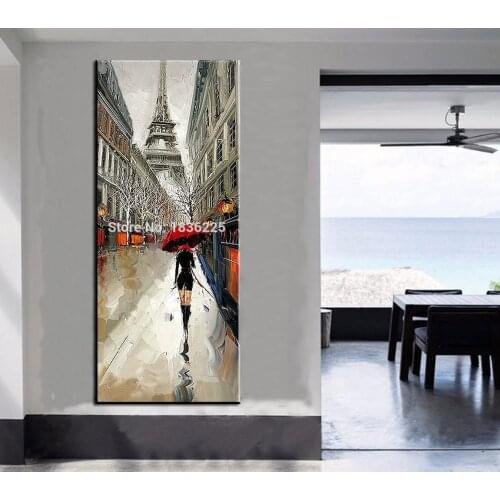 Beautiful girl hold umbrella under Eiffel knife modern streetscape oil painting on canvas handmade wall pictures for living room