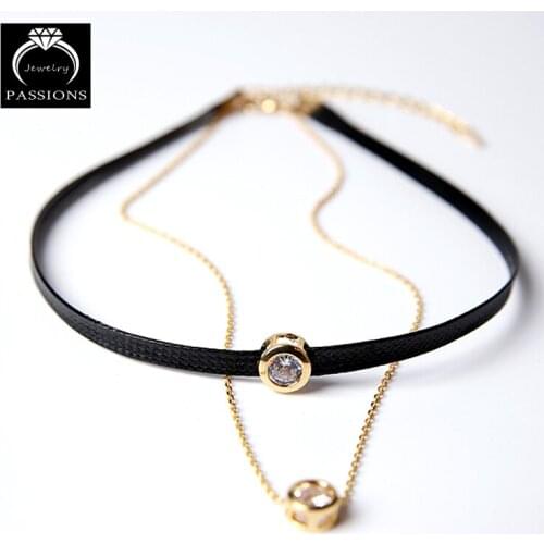 Hot Sale Fashion PU Rope Chain Rhinestone Pendant Double Layers Clavicle Necklace Rock Style Gold Color Women&Girl Short Choker