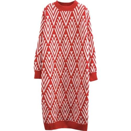 PERHAPS U Women Sweater O Neck Geometric Red Black Pullovers Long Sleeve Casual Winter Loose Long Midi Dress M0808
