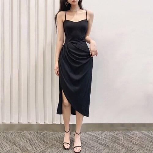 Ruched Black Sexy Midi Dress Sexy Slim Sleeveless Spaghetti Strap Dresses Summer 2021 Backless V Neck Elegant Split Women Dress