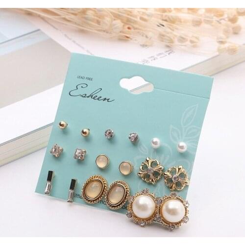 12 Pair/Set Women Square Crystal Heart Stud Earrings Set for Women Alloy Glass Water Drill Imitates Pearl Earrings Jewelry Gift