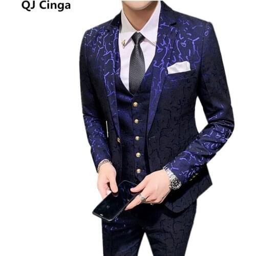 Blue Stripes 3 Piece Set Men (Jacket +Vest+Pants) Fashion Slim Men Suit Blazer Coat with Trousers and Vest Blue Red Green 3xl
