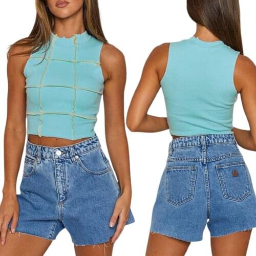 2021 New Womens Crew Neck Tank Tops, Summer Sleeveless Color Block Patchwork Stitch Crop Tops