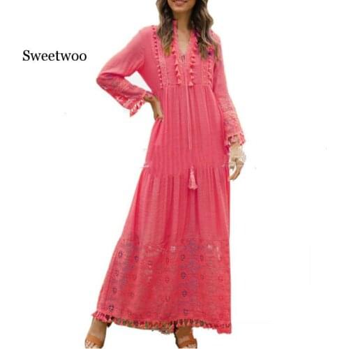 Vintage Tassel Boho Dress Women Fall Solid Hollow Out V-Neck Lace Long Dresses Beach Plus Size Sexy Dress