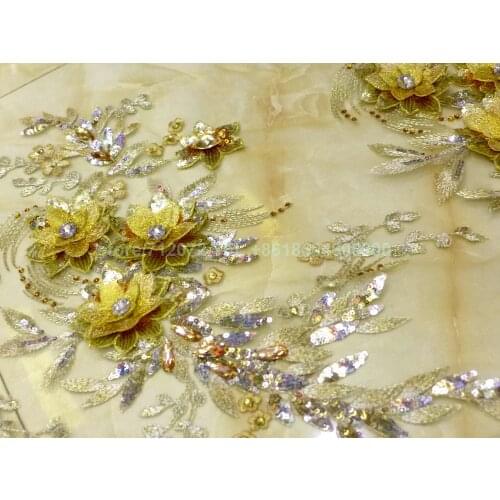Hot Pink/champgane/gold sequins acrylic stones 3D handmade flowers on net wedding dress/evening/show/stage dress lace fabric