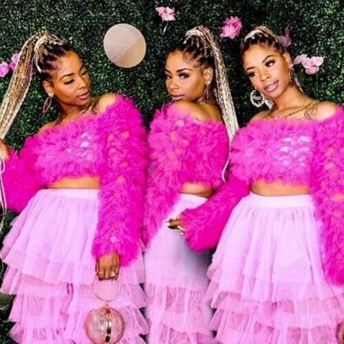 Fashion Blouse Women Tiered Custom Made Hot Pink Long Sleeves Tops Party Blouses Lush blusa feminina