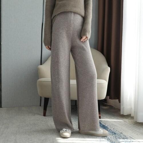 Womens 100% Cashmere And Wool Soft Waxy Comfortable Camel Pants Female Pure Knitted Wide Leg Pants Elastic Casual Loose Fashion