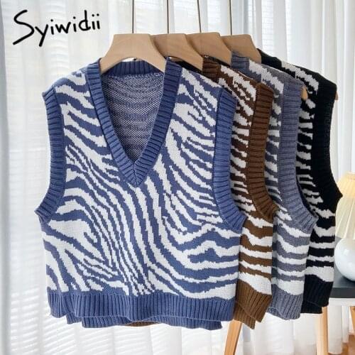Syiwidii Zebra Striped Vintage Sweater Vest Women Y2k Knit Black Pullovers Tank Top V-Neck Sleeveless Casual 2021 Korean Fashion