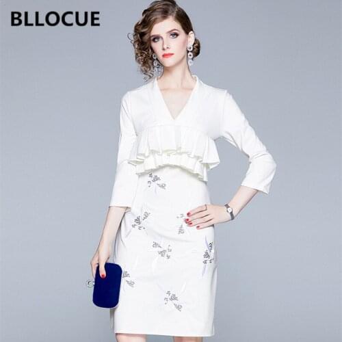 BLLOCUE Runway Women Elegant Office Dress 2019 Autumn Winter Ladies V-neck Vintage Flower Embroidery Ruffles Dresses
