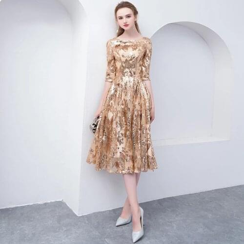 LUXIYIAO Robe De Soiree Gold Evening Dresses 2021 Short Sleeves Elegant Zipper Evening Gowns Tulle with Sequins